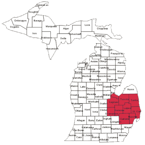 Air Support Pest Control Mid Michigan Map outline